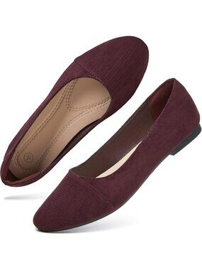 Women's Burgundy Suede Ballet Flats Slip on comfortable Ballerina Dress Shoes